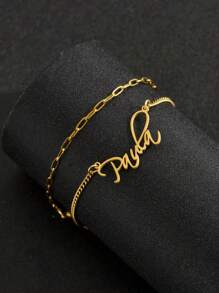 2 件女士个性化名字脚链套装，不锈钢金色定制名字脚链生日礼物 - 金黃色 - 查看 3