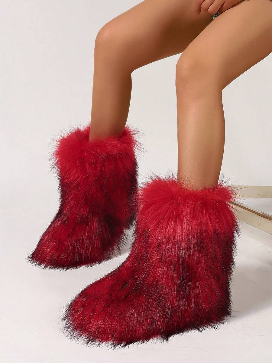 Giày bốt tuyết nữ Fluffy Fluffy, Giày bốt đế bằng thời trang cao đến giữa bắp chân, màu đỏ