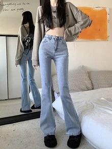 新款高腰修身喇叭牛仔裤，女士休闲春季款 - 藍色 - 查看 5