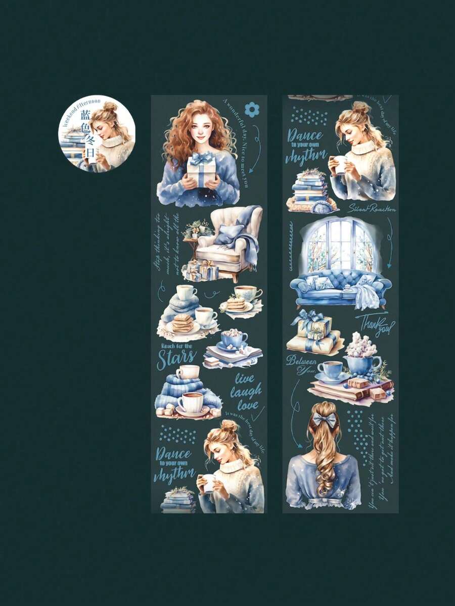 have a good day 1捲2米閱讀少女角色和紙膠帶，復古創意美學貼紙，DIY裝飾拼貼工藝用品，節日禮物，個性化剪貼簿，學校文具 - 藍色 - 查看 1