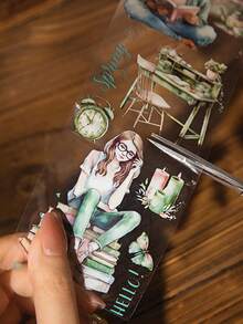 have a good day 1捲2米閱讀少女角色和紙膠帶，復古創意美學貼紙，DIY裝飾拼貼工藝用品，節日禮物，個性化剪貼簿，學校文具 - 藍色 - 查看 8