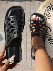 2024 Spring/Summer New Arrival Comfortable Flat Hollow Out Square Toe Slip-On Plus Size Lightweight Sandals For Women - Black - View 11