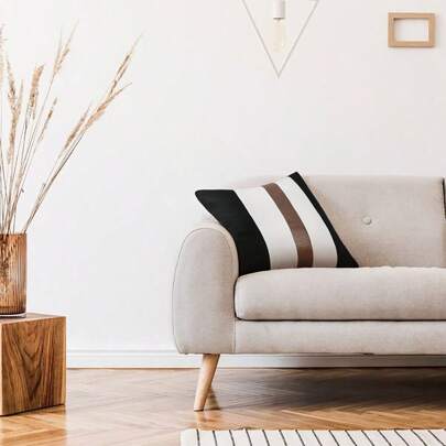 1pc Modern Simple PU & Linen Color Block Black White Decorative Pillow Cover, Home Decor (Pillow Insert Not Included)