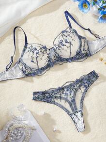Vine And Aquatic Plant Embroidery Padded Wire Bra Mesh Contrast Sexy Lingerie Set - Multicolor - View 1