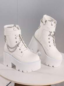 Gothic Women Ankle Boots Platform Chunky High Heel Chain Decor Knight Punk Motorcycle Design Fashion Short Boots - 白色 - 查看 2