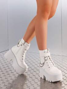 Gothic Women Ankle Boots Platform Chunky High Heel Chain Decor Knight Punk Motorcycle Design Fashion Short Boots - 白色 - 查看 5
