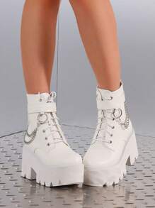 Gothic Women Ankle Boots Platform Chunky High Heel Chain Decor Knight Punk Motorcycle Design Fashion Short Boots - 白色 - 查看 1