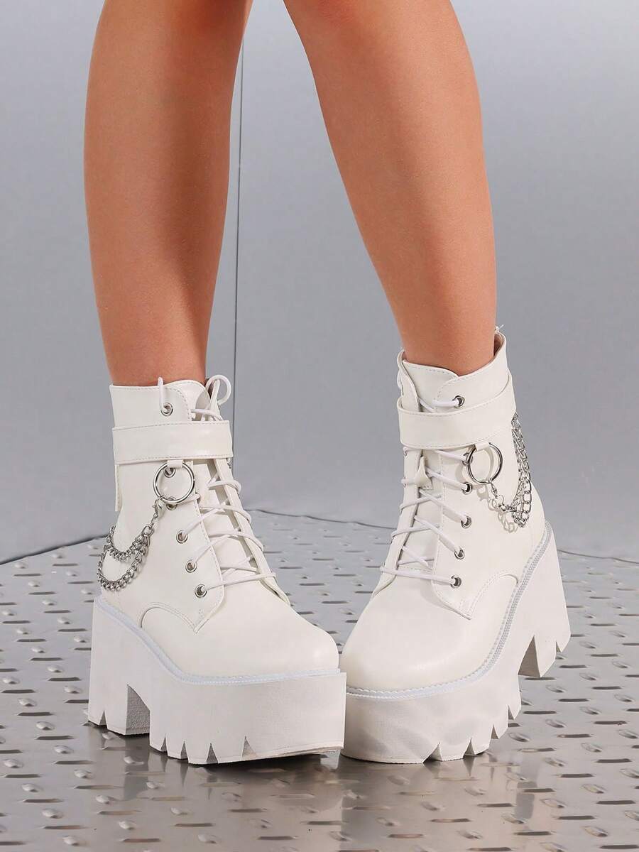 Gothic Women Ankle Boots Platform Chunky High Heel Chain Decor Knight Punk Motorcycle Design Fashion Short Boots - 白色 - 查看 1