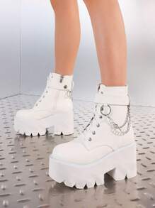 Gothic Women Ankle Boots Platform Chunky High Heel Chain Decor Knight Punk Motorcycle Design Fashion Short Boots - 白色 - 查看 6
