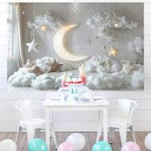 1 Peça Painel de Bottom de Lua e Nuvem 210*150cm/150*100cm/100*75cm Estrelas Brancas para Decoração de Festa de Aniversário, Casamento, Batizado, Chá de Bebê, Adequado para Noiva, Presente, Decoração de Parede de Quarto e Sala de Estar, Cabine de Fotos - Multicolorido - Visão 1