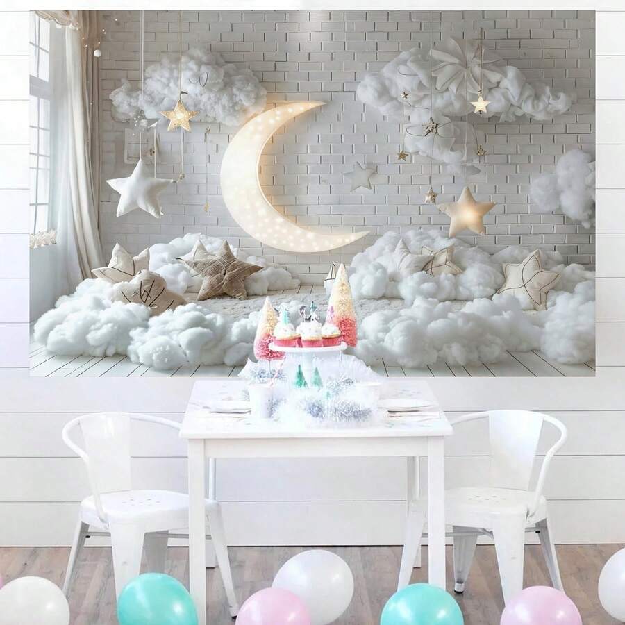1 Peça Painel de Bottom de Lua e Nuvem 210*150cm/150*100cm/100*75cm Estrelas Brancas para Decoração de Festa de Aniversário, Casamento, Batizado, Chá de Bebê, Adequado para Noiva, Presente, Decoração de Parede de Quarto e Sala de Estar, Cabine de Fotos - Multicolorido - Visão 1