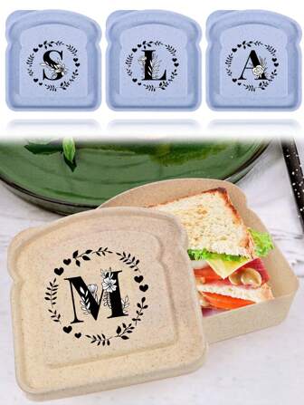 1 件便携式三明治盒吐司便当盒带手柄可重复使用学生食品容器零食盒创意 26 个首字母三明治盒上班族午餐盒