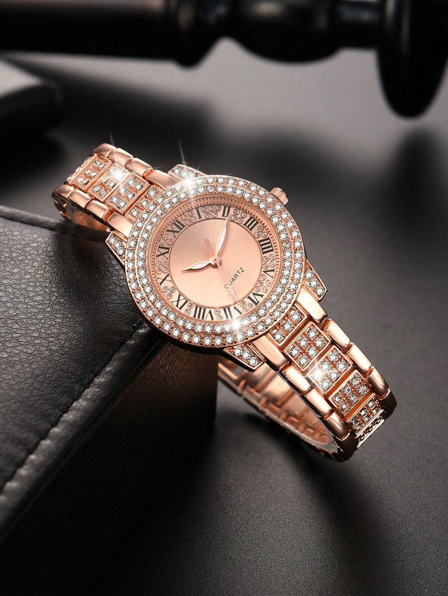 1Pc, Women's Watch, Fashionable And Luxurious Women's Quartz Watch, Diamond Inlaid Alloy Case, Simple Roman Numeral Scale, Women's Steel Band Watch, Suitable For Daily Matching, Party Use, And The Best Birthday Gift
