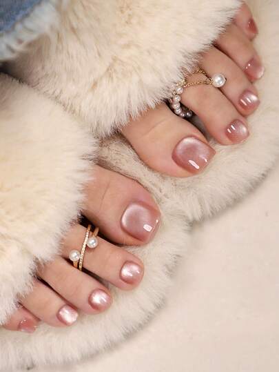 24 uñas postizas cortas y cuadradas con estilo Ins, uñas postizas para los dedos de los pies con cristal rosa de ojo de gato, set con 1 lima de uñas y 1 pieza de pegamento de gelatina, suministros de uñas de verano