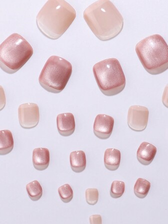 Press On Nails-24Pcs Short Square Ins Style False Toe Nail, Pink Crystal Cat Eye Press On Toenail, Set With 1 Nail File And 1 Jelly Glue Piece, Summer Nail Nail Supplies Nails
