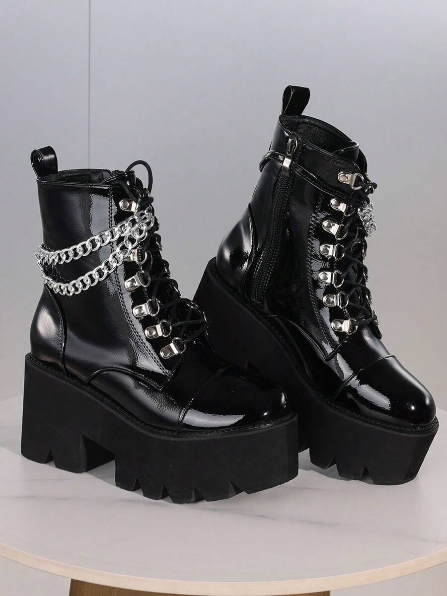 Gothic Women Ankle Boots Platform Chunky High Heel Chain Decor Knight Punk Motorcycle Design Fashion Short Boots - 黑色 - 查看 1