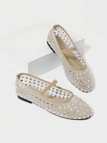 Fall/Winter Women's Mesh Flat Shoes With Apricot Rhinestone, Breathable Fishnet Mesh Material, Light And Breathable, White Rhinestones For Shimmering Look, Breathable And Anti-Slip, Incredibly Comfortable, Simple Style, Suitable For Spring/Summer Outfits, Parties, Shopping, Festivals, Daily Wear, Activities, Elegant, Parties, Celebrations, Flat Shoes, Ballet Shoes, Fishnet Shoes - Apricot - View 7
