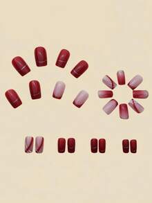 Nail Patch, Medium-Length, Maroon Color With Gold Striped False Nail Stickers, Removable 24pcs/Box, Fall/Winter Fashion Nail Art Stickers In Burgundy - Burgundy - View 2