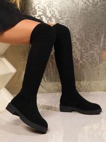 Botas de mujer con estiramiento sobre la rodilla, estilo europeo de otoño/invierno con tacón grueso bajo de ante - Negro - Ver 2