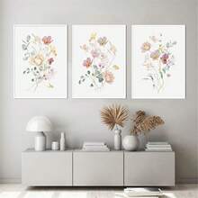 装饰性抽象水彩花卉、花蕾和叶子绘画，现代时尚风格，简约家居装饰墙艺术，客厅/卧室背景，礼物，无框架帆布印刷品 - 彩色 - 查看 2