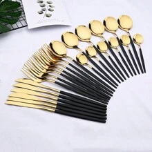 24Pcs Stainless Steel Dinnerware Set Black Gold Flatware Cutlery Spoon Fork Knife Western Silverware Tableware Set Supplies For 6 Uers