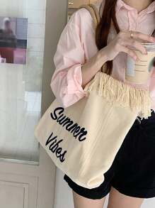 Bolso de lona con borlas con capacidad y diseño de letra, bolso de hombro minimalista para ir de compras y transporte - Beis - Ver 7