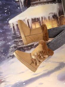 女士加厚平底雪地靴，带保暖内衬，外部蝴蝶结，防滑，时尚经典，简约通勤，舒适一体式设计，有高筒和短筒款式可供选择 - 棕色 - 查看 6