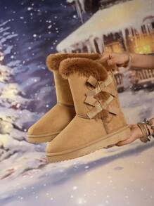 女士加厚平底雪地靴，带保暖内衬，外部蝴蝶结，防滑，时尚经典，简约通勤，舒适一体式设计，有高筒和短筒款式可供选择 - 棕色 - 查看 7