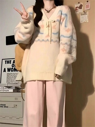 新款女士寬鬆針織毛衣，杏色，短款，大學休閒風格