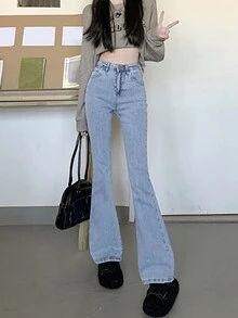 新款高腰修身喇叭牛仔裤，女士休闲春季款 - 藍色 - 查看 3