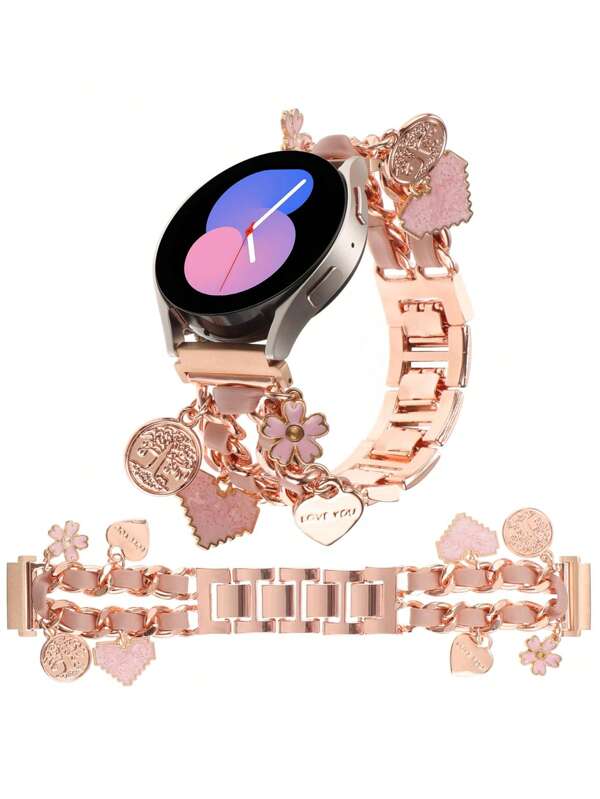 1 pieza Cadena de doble rosa linda con colgante de metal con forma de corazón, correa de 20mm compatible con Galaxy Watch4/Watch4 Classic/Watch5/Watch5 Pro/Watch6/Watch6 Classic/Watch7