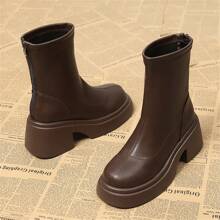 Giày bốt đế dày ngắn phong cách Pháp đế xuồng đế dày tăng chiều cao vào mùa thu đông 2024, giày bốt đế xuồng mũi tròn chống thấm nước thời trang quần short - màu nâu - Xem 7