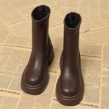 Giày bốt đế dày ngắn phong cách Pháp đế xuồng đế dày tăng chiều cao vào mùa thu đông 2024, giày bốt đế xuồng mũi tròn chống thấm nước thời trang quần short - màu nâu - Xem 3