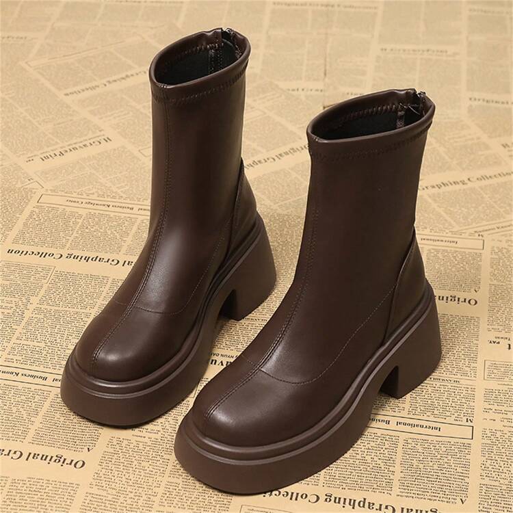 2024 年秋冬季法式矮个子厚底粗跟增高靴，圆头防水台高跟时尚拼接靴短裤 - 棕色 - 查看 5