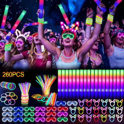 260 PCS/Set Glow In The Dark Party Supplies, 20 PCS Foam Glow Sticks, 20 PCS LED Glasses, 20 PCS Rabbit Ears Headband And 200 PCS Glow Sticks For Glow Party, Wedding, Birthday, Concert, Raves, New Year
