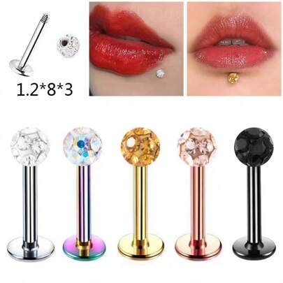 1入組閃亮的水晶球唇釘，316L不銹鋼，多種顏色可選，無過敏材料，時尚的唇環/耳環穿刺體珠寶