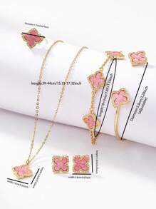 6 Pcs Four Leaf Clover Earring Necklace Bracelet Bangle Ring Jewelry Set For Women Valentines,Mom,Mother,Mother's Day,Gift
