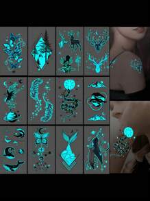 6 Stücke leuchtende wasserdichte temporäre Tattoos mit frischen Designs und langanhaltender Simulation, großem blau leuchtendem und weißem glühendem Tinten Original Körperkunst temporäre Tattoo-Aufkleber im Y2k Stil mit Glitzer Schlangen Rosen Flammen Schmetterling-Muster, wasserdichtes Fake-Tattoo, hält 2-5 Tage, verdeckt Narben, kann auf Armen, Handgelenken, Schultern, Beinen, Taille, Nacken, Hand, Brust, Oberschenkel, Finger aufgetragen werden, Party Geburtstagsüberraschung, zufällige Glow-in-the-Dark wasserdichte temporäre Tattoos leuchtend Glitzer Tattoo für Frauen und Männer - Verschiedenfarbig - Übersicht 1