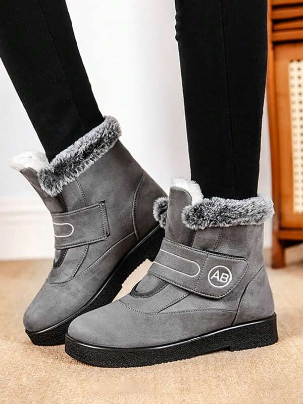 Botas de Neve Feminina Fashion para o Exterior com Colarinho Peludo, Quentes e À prova d'água, Botas de Tornozelo com Sola Plana Antiderrapante para o Inverno