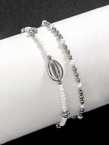 2 piezas de pulsera de tobillo de concha y cuenta de arroz con estilo vintage para playa - Multicolor - Ver 2