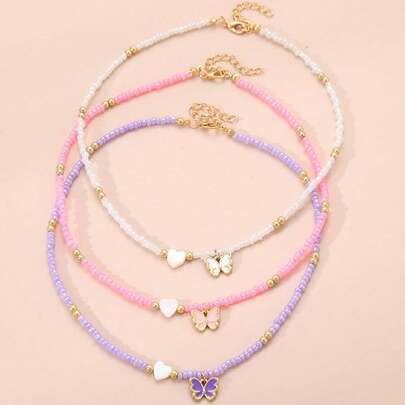 3 件时尚精致心形和蝴蝶吊坠串珠项链套装，时尚派对配饰和女孩生日礼物