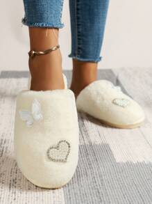 Elegante Perlen & Strass Plüsch Hausschuhe für Frauen, Schmetterling Dekor, flache leise Pelz Slides, Neu 2024 Herbst/Winter