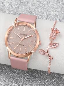 女士皮带表时尚休闲哑光表盘石英腕表组合套装 + 玫瑰花手链套装（4 件/套）作为返校学生的礼物 - 彩色 - 查看 7