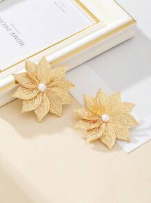 1對時尚葉形對稱紋理耳環，適用於女性，節日禮物 - 金色點珍珠 - 查看 5