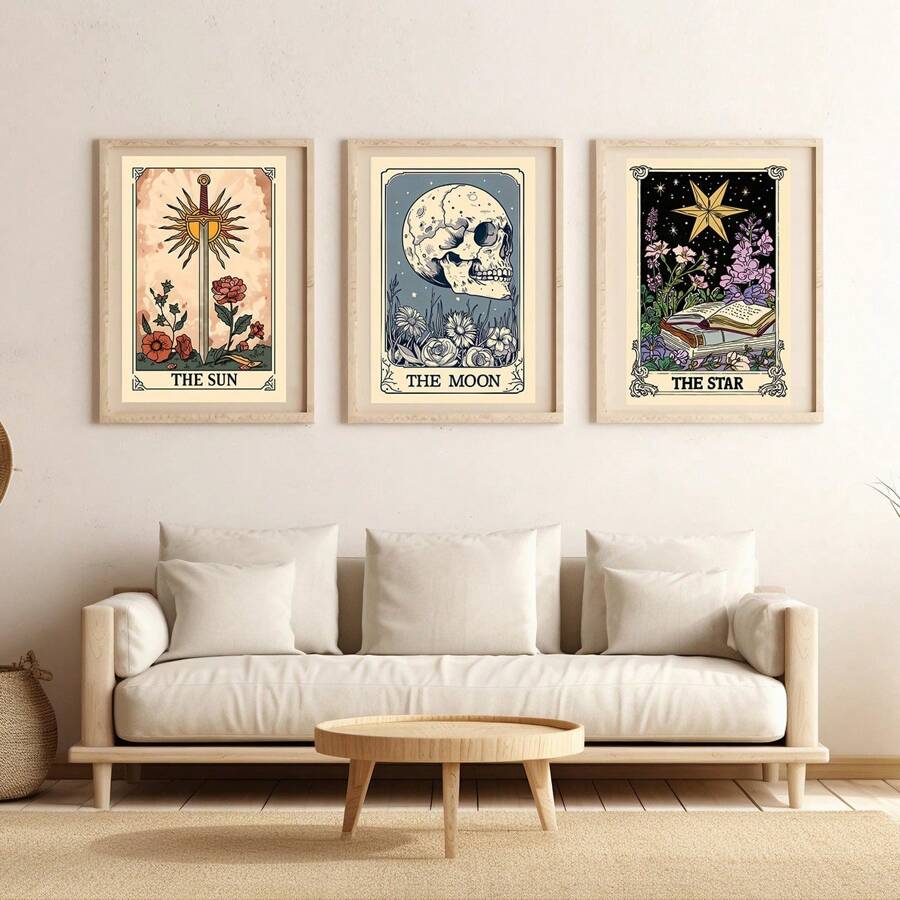 Set Of 3 The Sun The Moon The Star Tarot Card Print, Earthy Boho Set, Celestial Wall Prints, Astrology Posters, Mystical Tarot Card Art,Canvas Posters, Vintage Wall Decor, Funny Wall Art , Living Room Bedroom Office Kitchen Bathroom Decor Home Decor Christmas Decorations Christmas