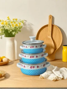 1 Set Enameled Cookware With Glass Lid, 3pcs Mini Enameled Cookware Set - One Size - View 2