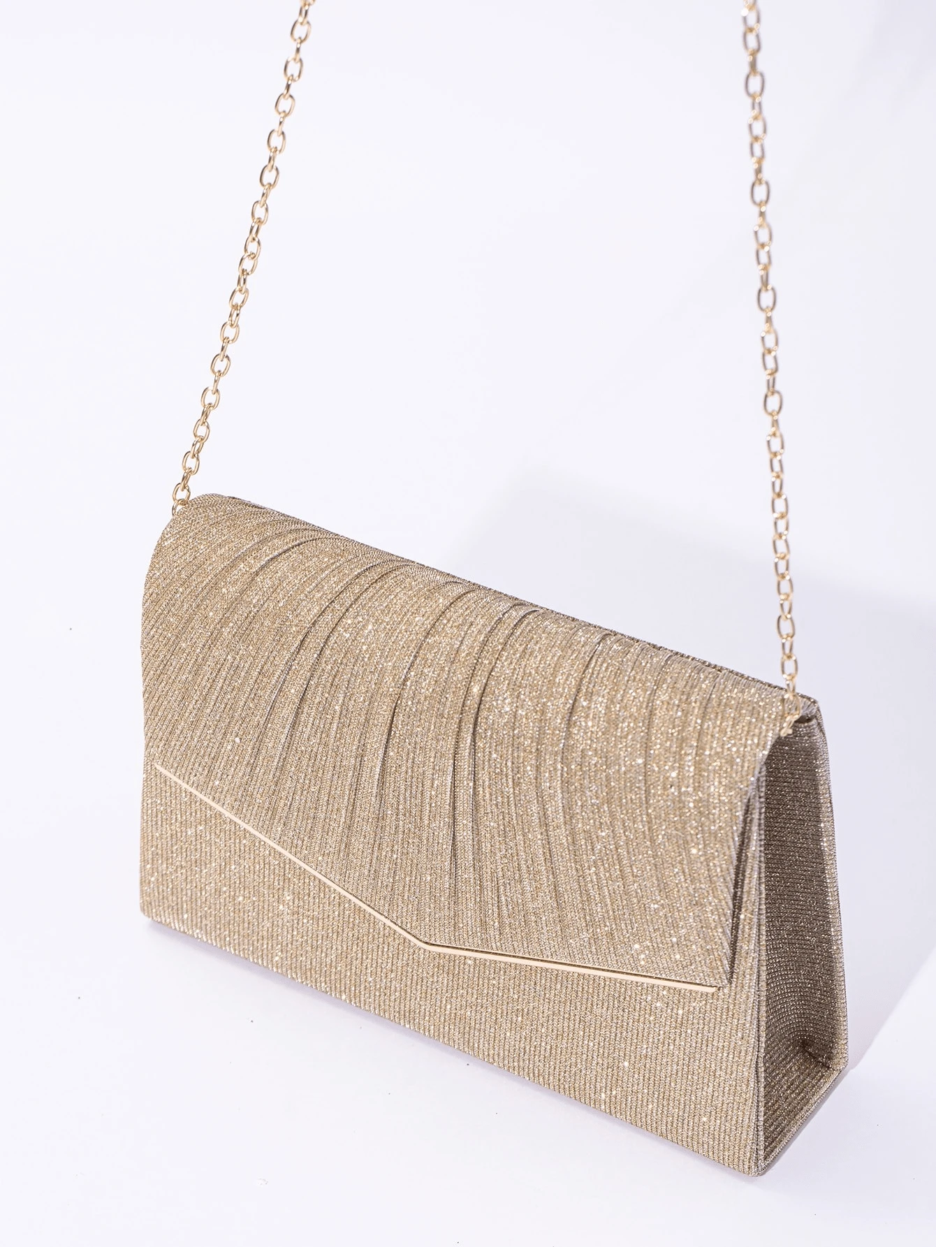 1pc Solid Color Glitter Edge Clutch Bag With V Shaped Flap, Minimalist & Elegant, Suitable For Women's Daily Parties Or Wedding Events - Gold - View 1