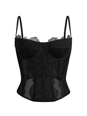 1 pezzo Top a corsetto carino per uscire, top da donna in pizzo e rete, top da sera con spalline sottili, top da festa e club
