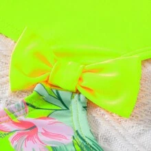 Roupa de banho de uma peça sem costas com flores neon fofa para Pré-adolescente, adequada para meninas de tamanho médio a grande.
