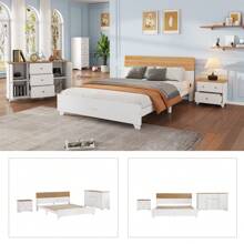 Sweiko Sweiko Complete slaapkamerset, 3-delig. Modern tweepersoonsbed + nachtkastje + ladekast, tweepersoonsbed 160x200cm met middenvoet, nachtkastje met 2 lades, ladekast met 3 lades en 2 deuren, wit + naturel